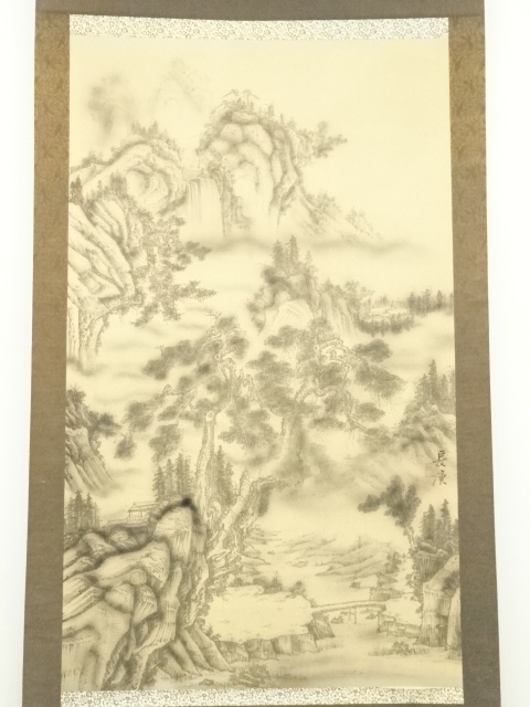 山水図肉筆保証　蔵整理不用品処理2　日本　中国美术品 X1115C16-9 道具 ] - 道具 中国 尊祥筆 清江晨霧 水墨山水 肉筆紙本掛軸 | ネット